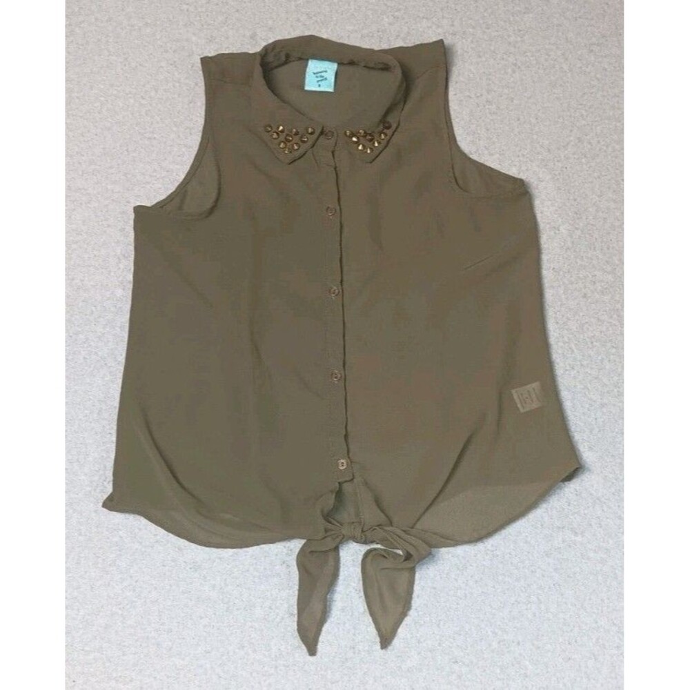H.I.P Sleeveless Sheer Chiffon Tie Front Button Up Blouse S Olive Green Studded